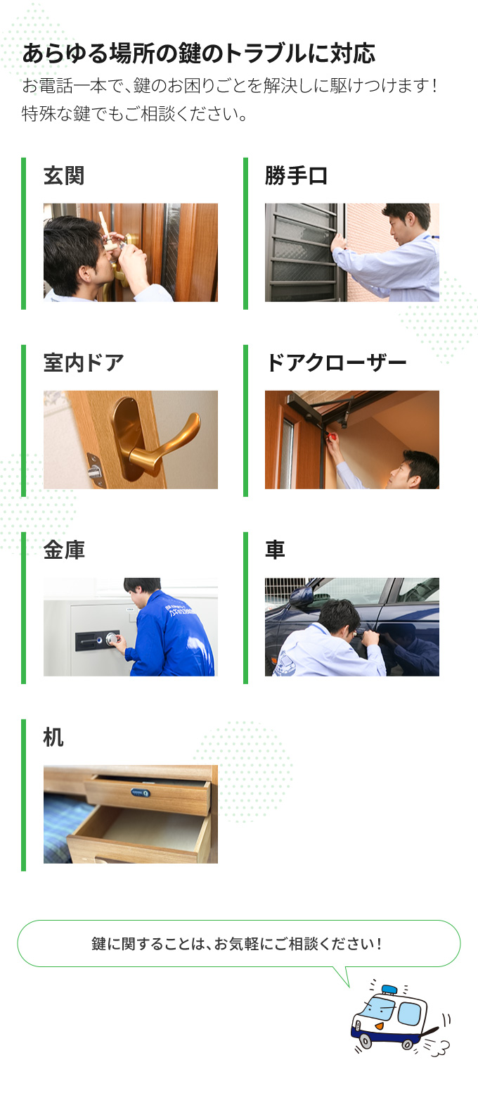 あらゆる場所の鍵のトラブルに対応